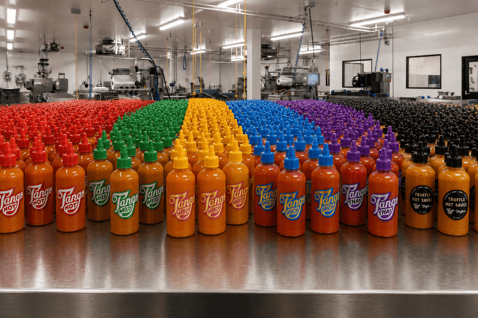 Hundreds of Tango bottles sorted by flavor across the production-kitchen line